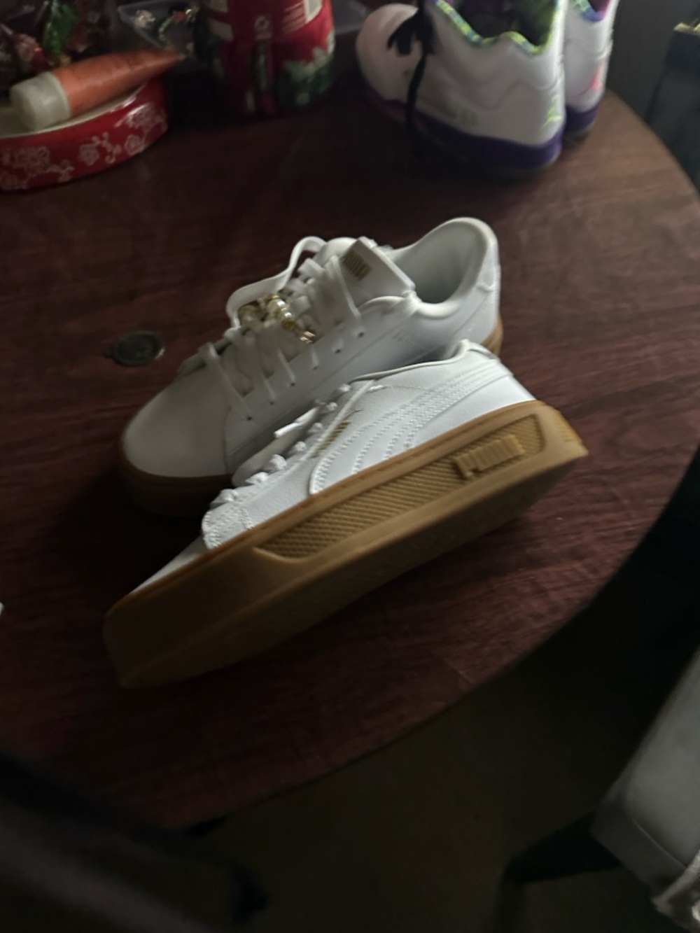 Puma White Leather Sneakers with Gum Platform Sole